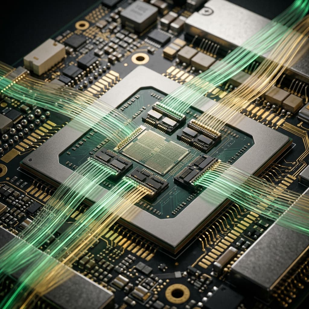 Detailed cross-section visualization of a Co-Packaged Optics ASIC showing photonic integrated circuits (PICs) bonded to a silicon substrate